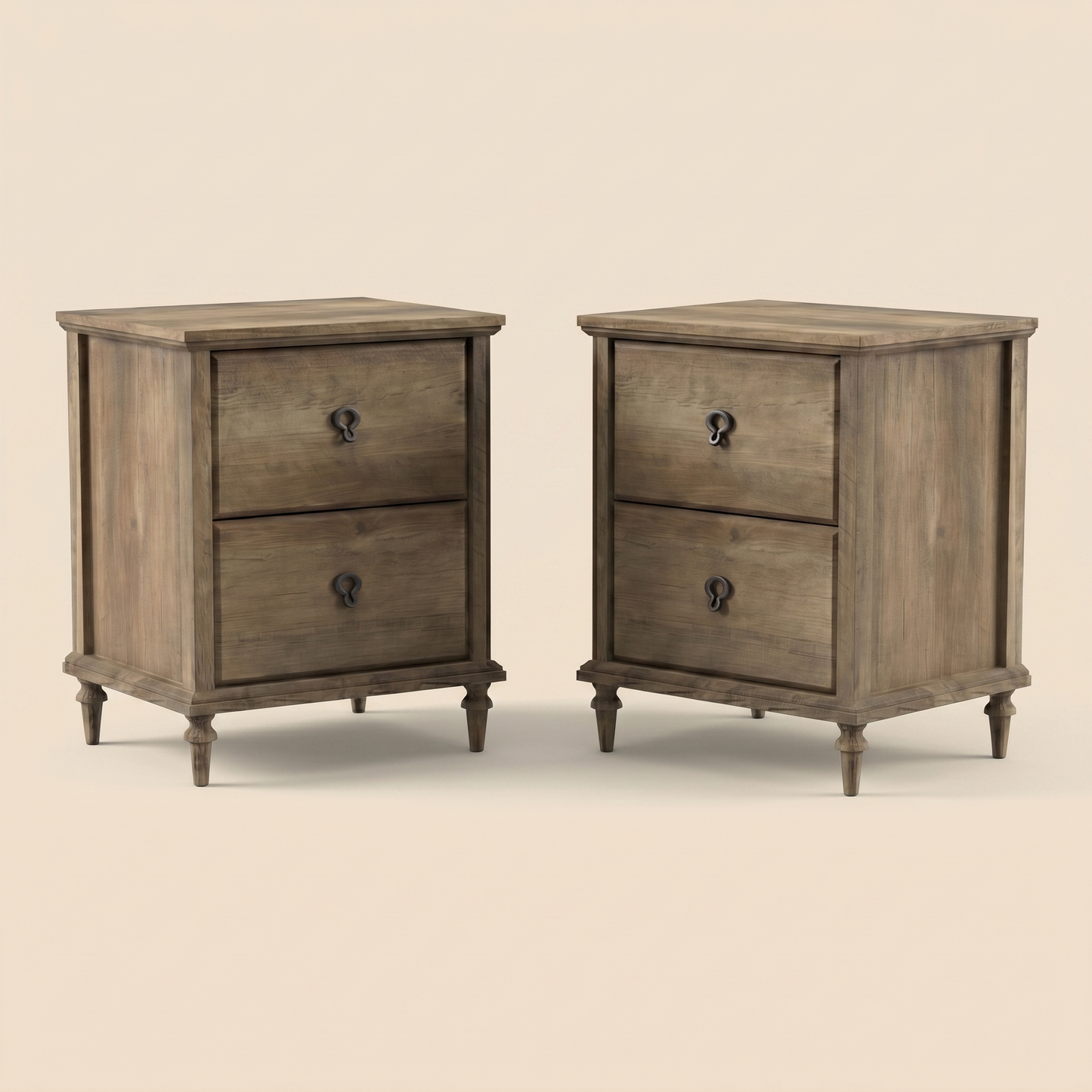 2-Drawer Nightstand Set of 2 with Solid Wood Tapered Legs, Knotty Oak