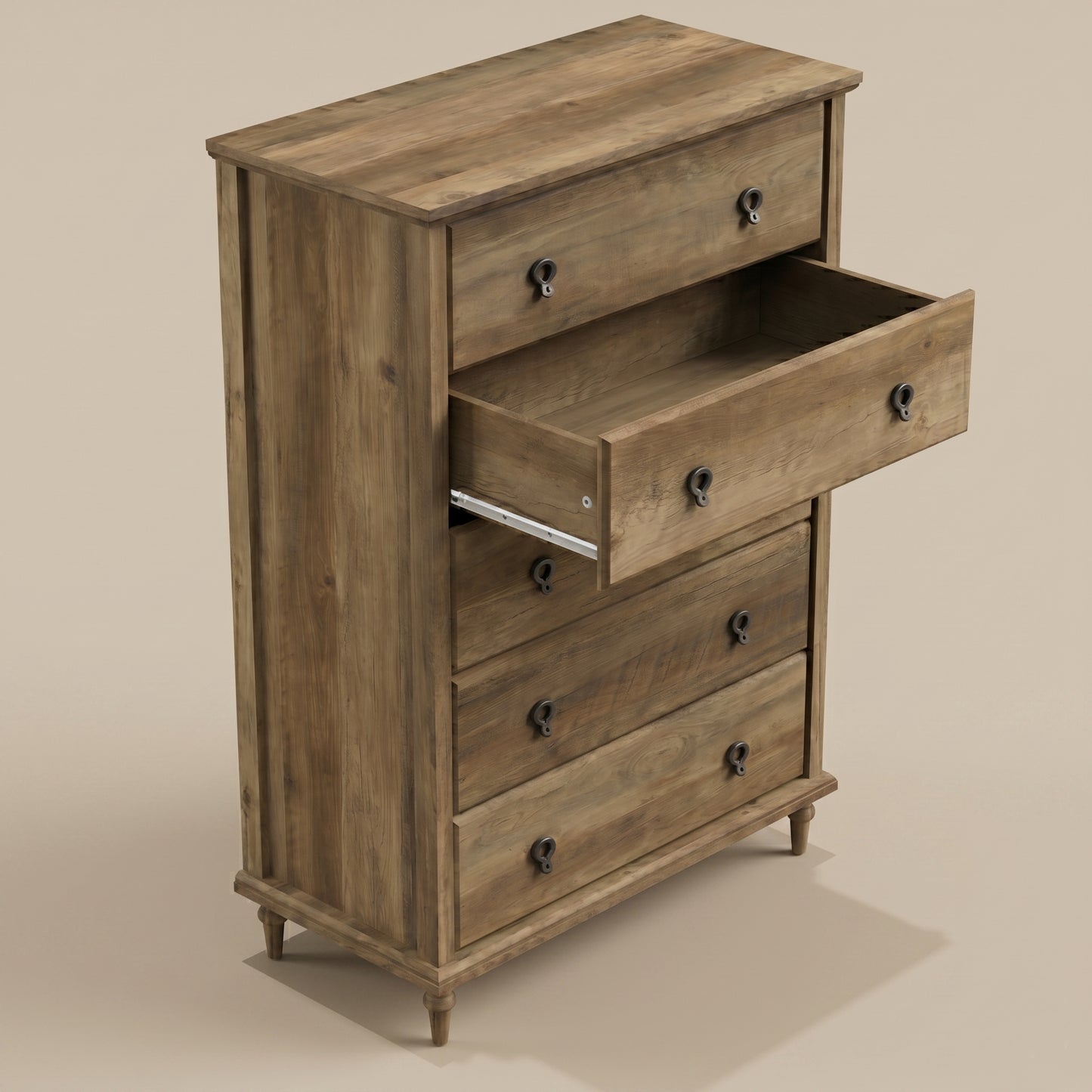 5-Drawer Chest with Interlock and Solid Wood Tapered Legs, Knotty Oak