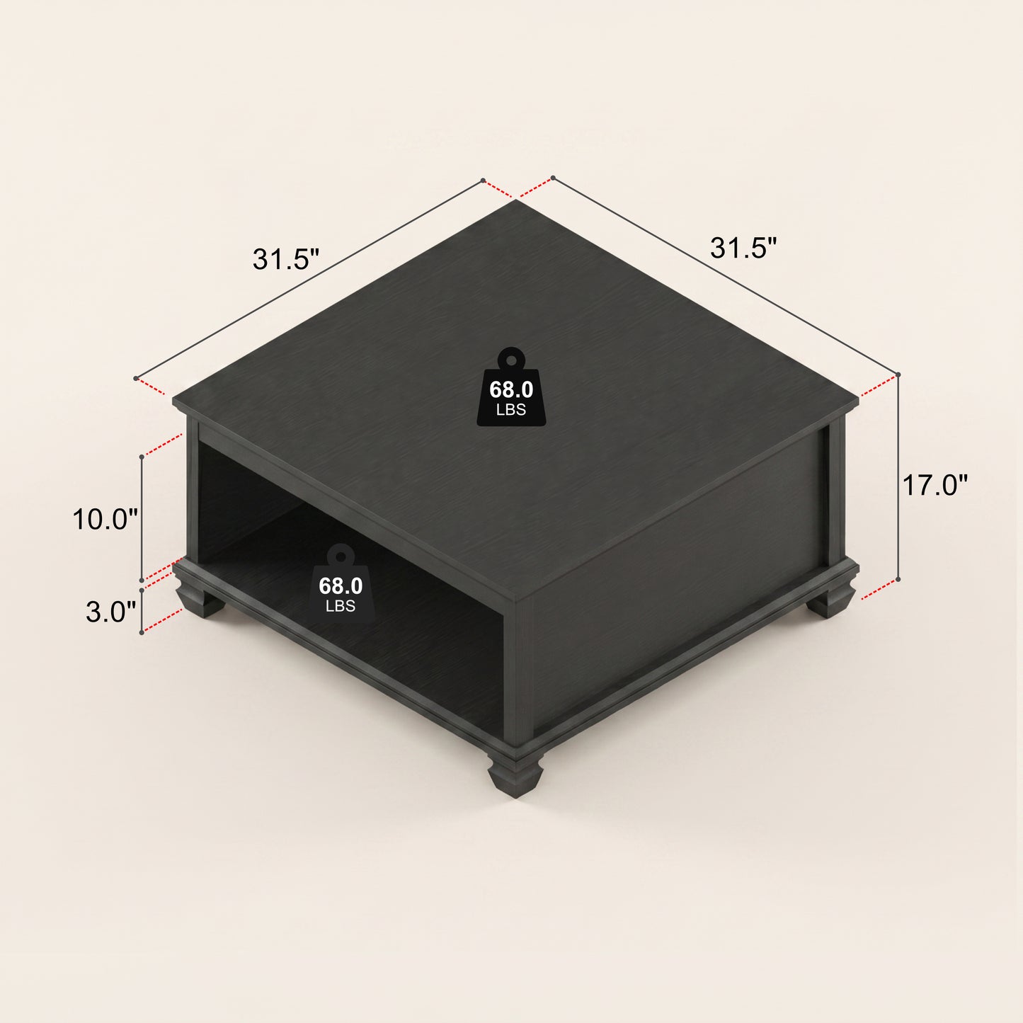 Square Coffee Table with Open Shelf, 1-Piece