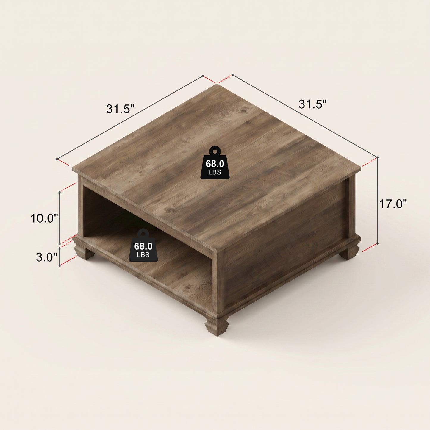 Square Coffee Table with Open Shelf, 1-Piece