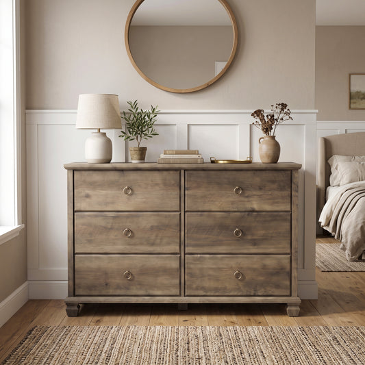 Galano Traditional 46.3" 6-Drawer Double Dresser with Interlocking Drawers, Solid Wood Legs and Metal Ring Pulls