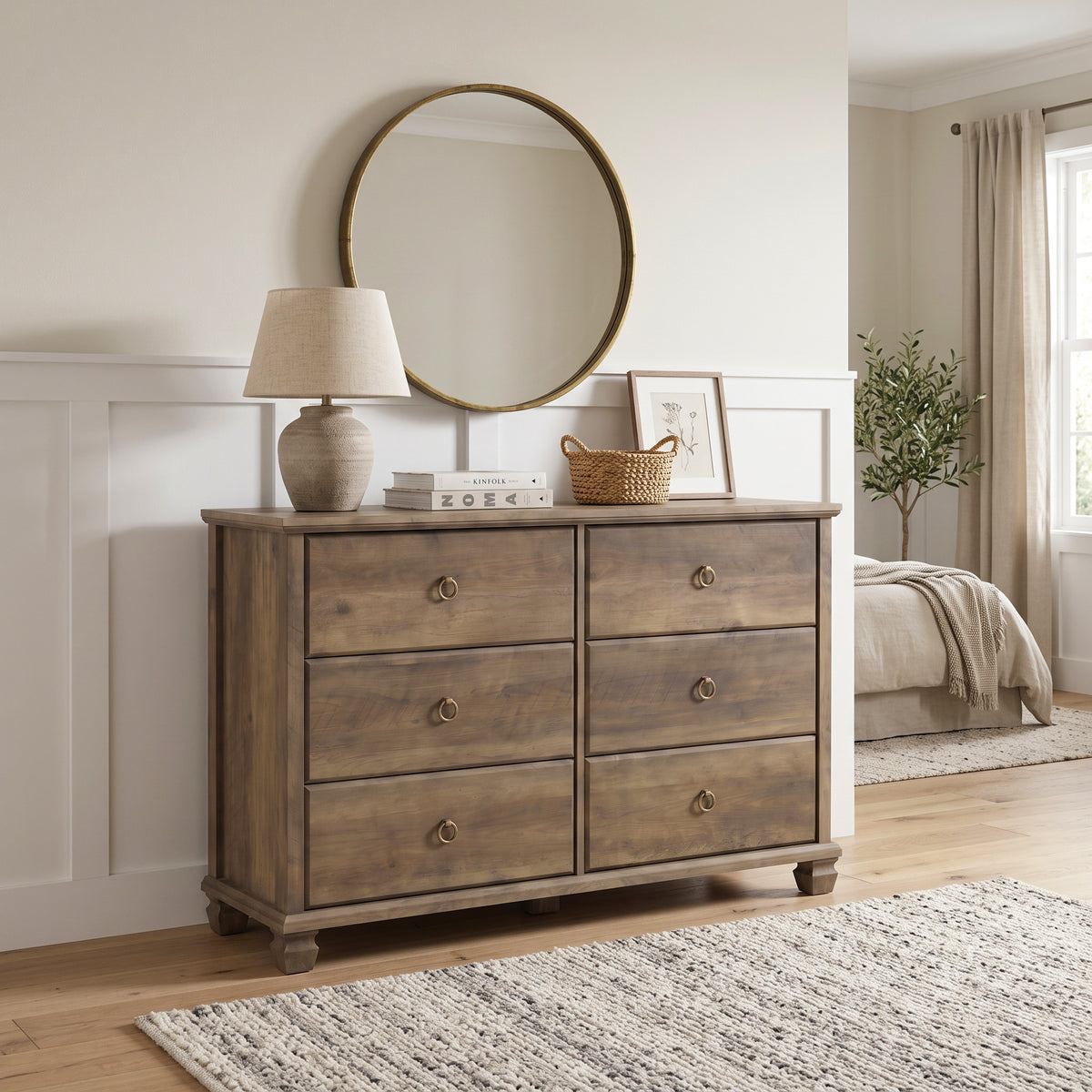 Galano Traditional 46.3" 6-Drawer Double Dresser with Interlocking Drawers, Solid Wood Legs and Metal Ring Pulls