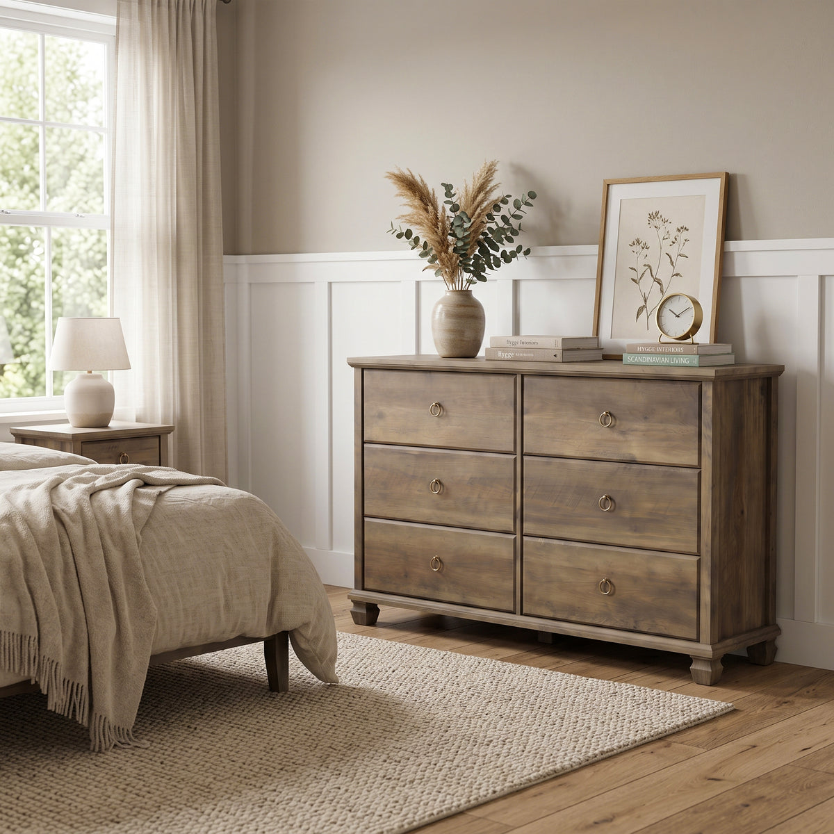Galano Traditional 46.3" 6-Drawer Double Dresser with Interlocking Drawers, Solid Wood Legs and Metal Ring Pulls
