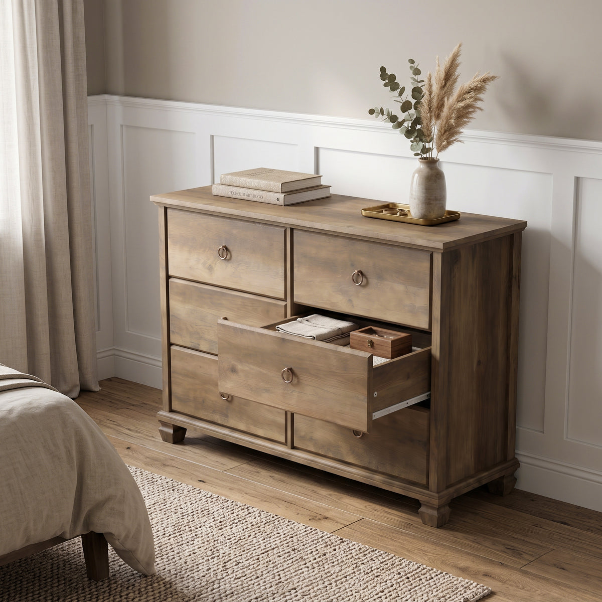 Galano Traditional 46.3" 6-Drawer Double Dresser with Interlocking Drawers, Solid Wood Legs and Metal Ring Pulls
