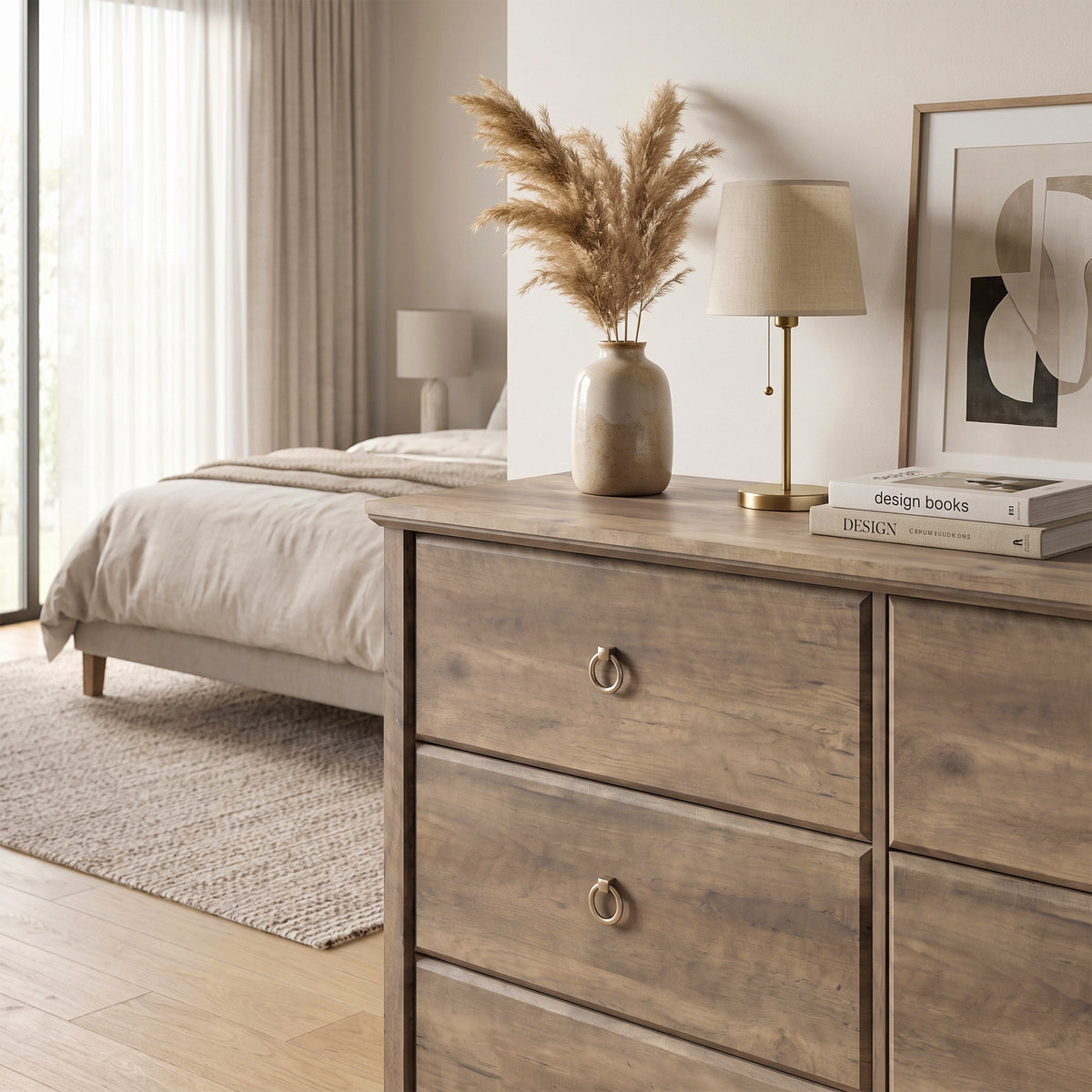 Galano Traditional 46.3" 6-Drawer Double Dresser with Interlocking Drawers, Solid Wood Legs and Metal Ring Pulls