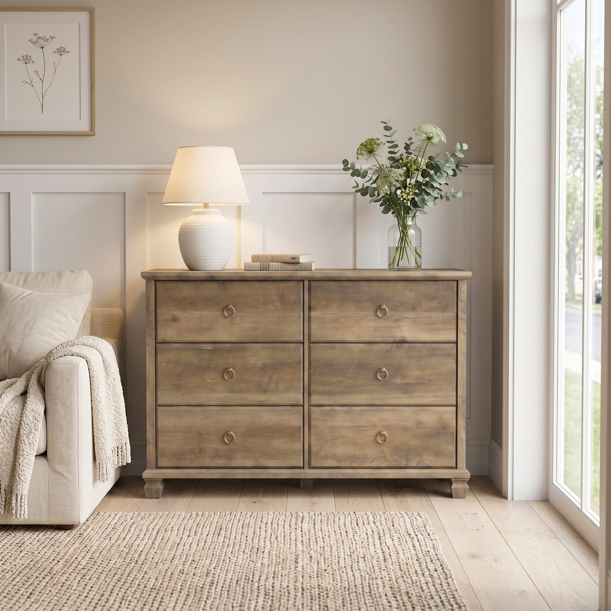 Galano Traditional 46.3" 6-Drawer Double Dresser with Interlocking Drawers, Solid Wood Legs and Metal Ring Pulls