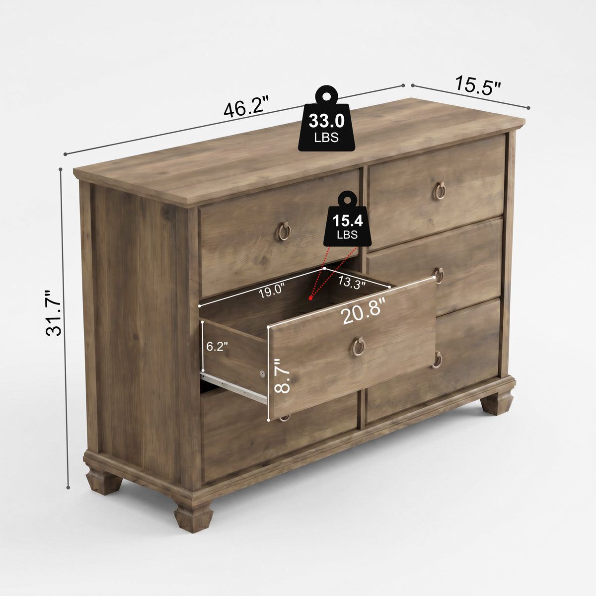 Galano Traditional 46.3" 6-Drawer Double Dresser with Interlocking Drawers, Solid Wood Legs and Metal Ring Pulls