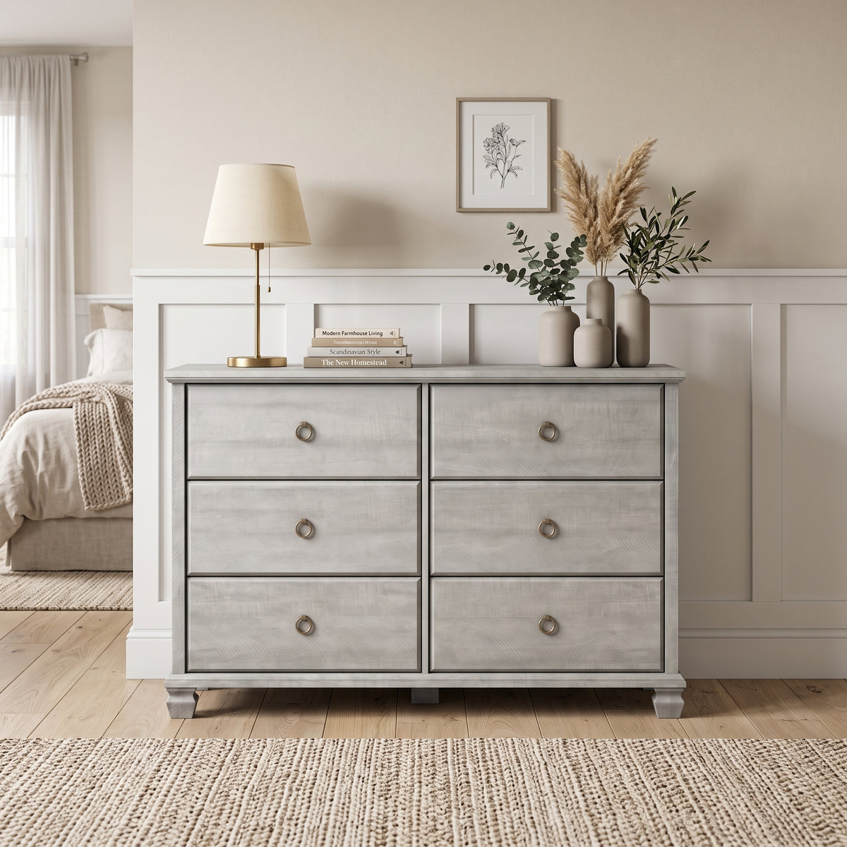 Galano Traditional 46.3" 6-Drawer Double Dresser with Interlocking Drawers, Solid Wood Legs and Metal Ring Pulls