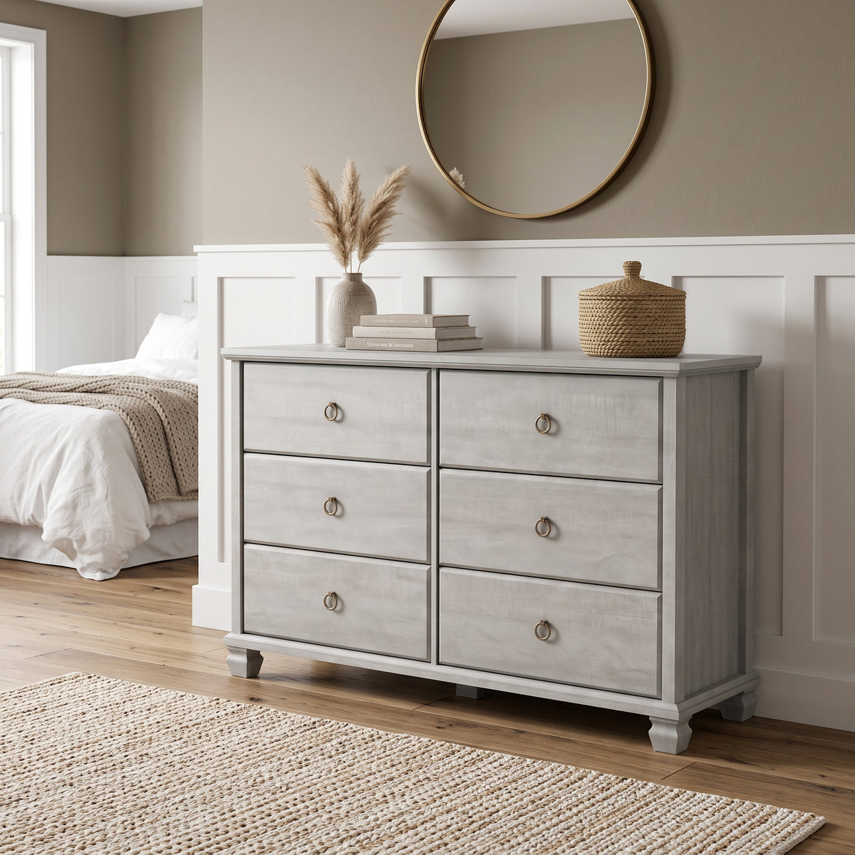 Galano Traditional 46.3" 6-Drawer Double Dresser with Interlocking Drawers, Solid Wood Legs and Metal Ring Pulls