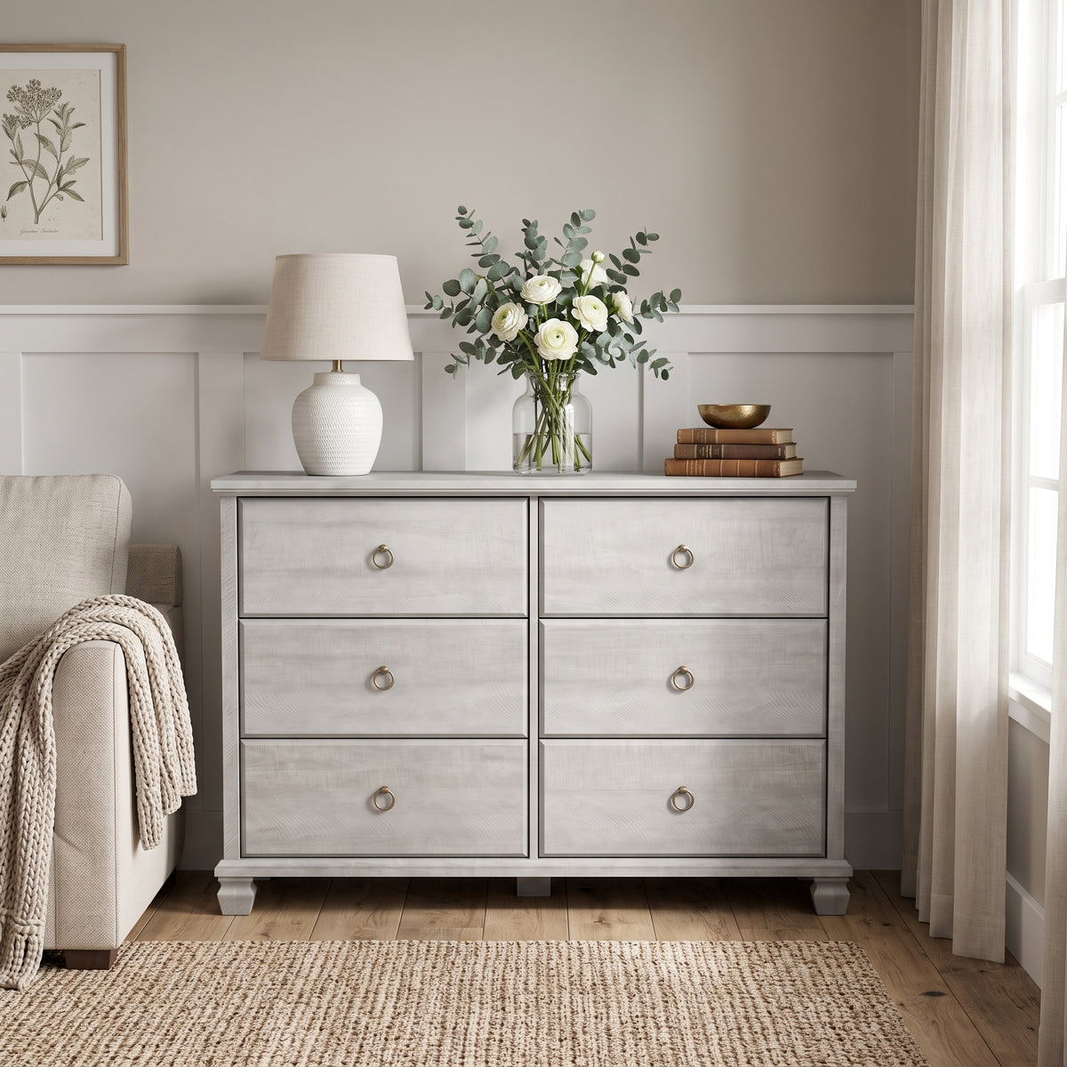 Galano Traditional 46.3" 6-Drawer Double Dresser with Interlocking Drawers, Solid Wood Legs and Metal Ring Pulls
