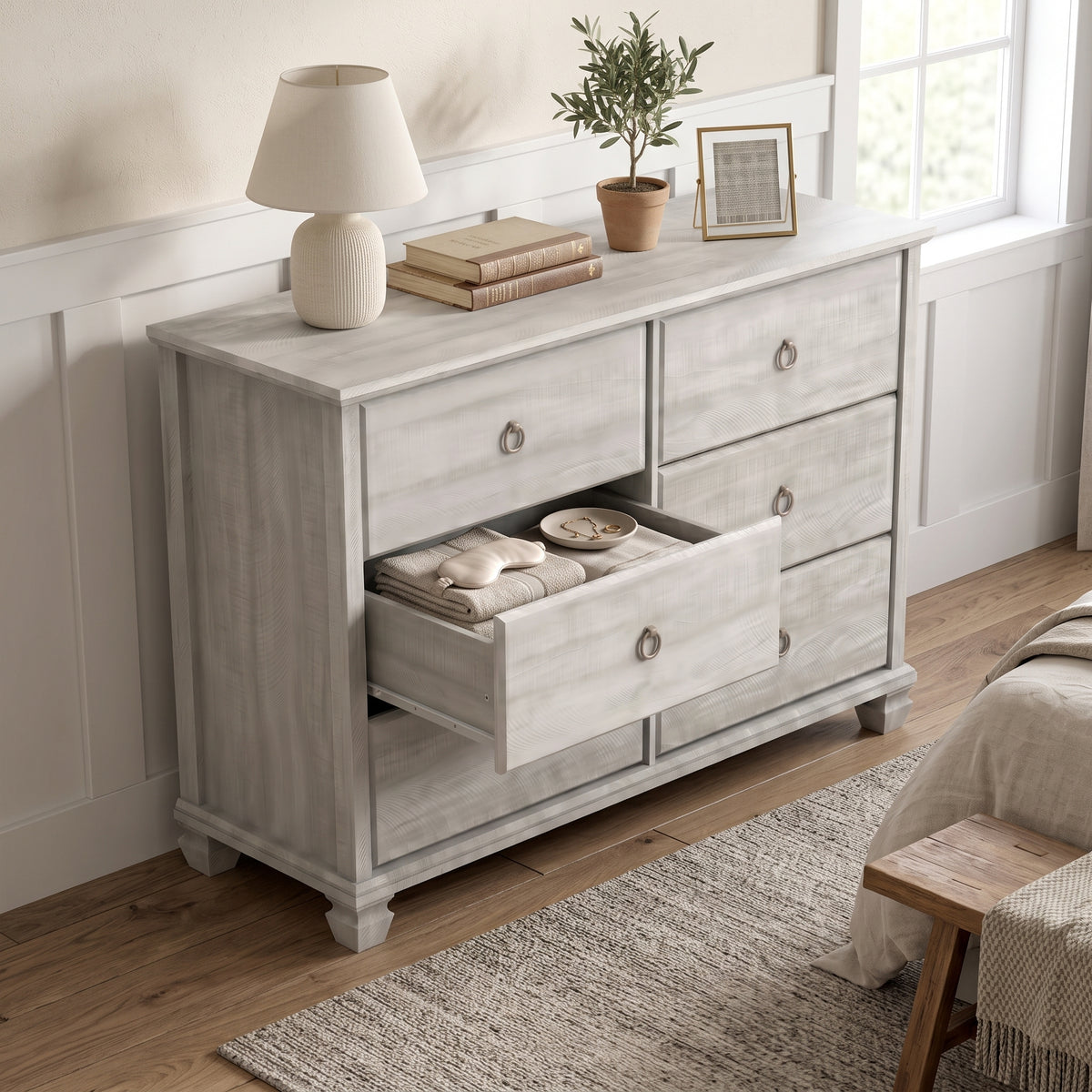 Galano Traditional 46.3" 6-Drawer Double Dresser with Interlocking Drawers, Solid Wood Legs and Metal Ring Pulls