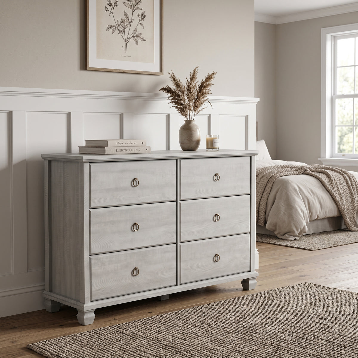 Galano Traditional 46.3" 6-Drawer Double Dresser with Interlocking Drawers, Solid Wood Legs and Metal Ring Pulls