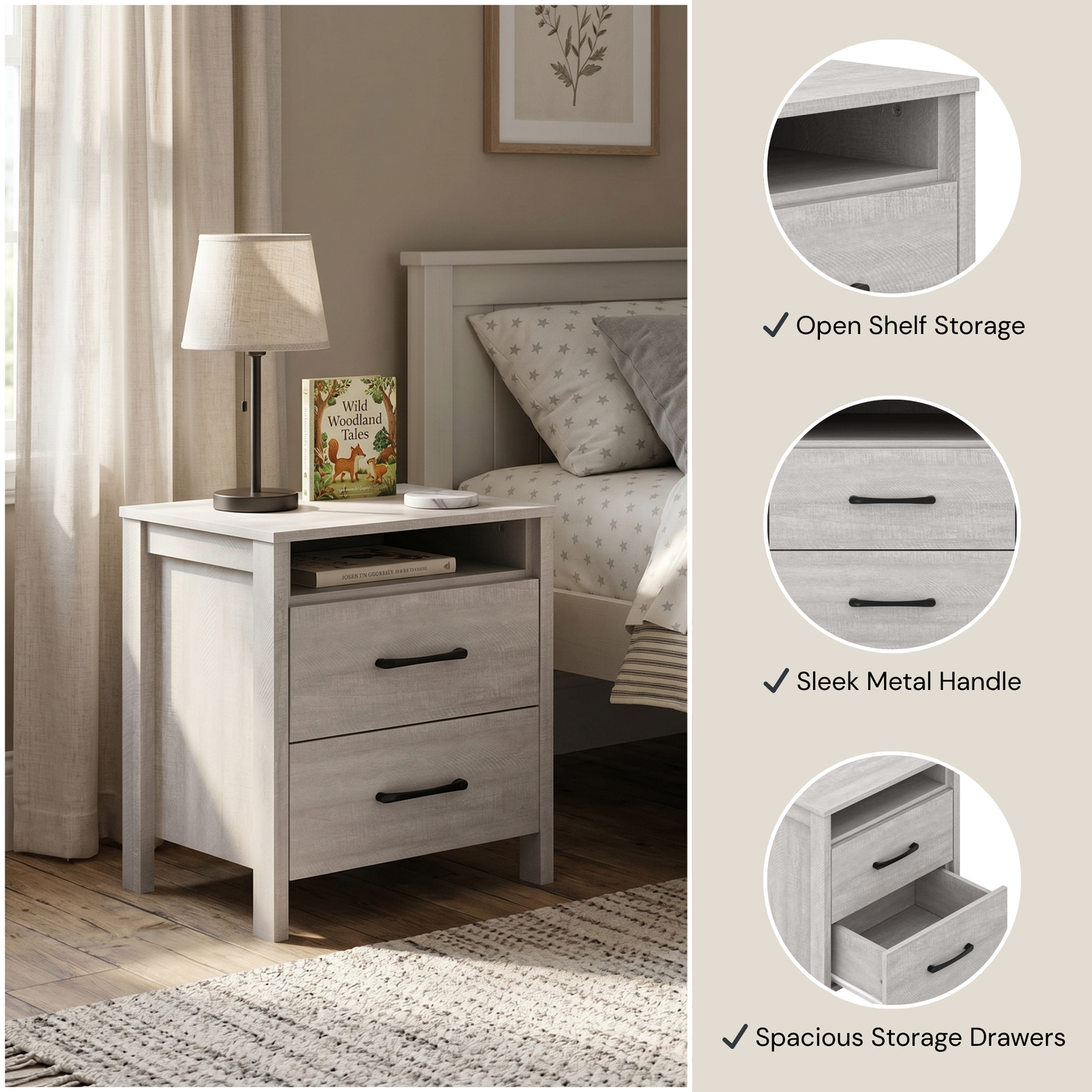 Galano Modern 2-Drawer Nightstand with Open Storage 20.9" W × 15.7" D × 22.7" H