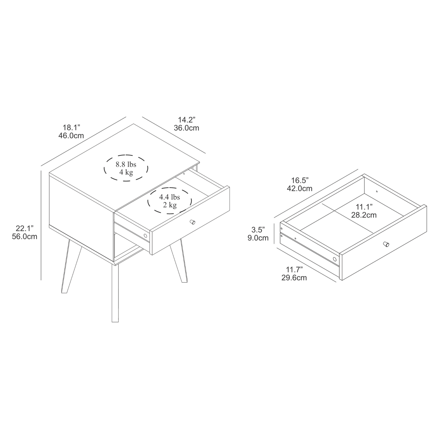 Galano 2-Drawer Nightstand with Angled Legs 18.1" W x 14.2" D x 22.1" H