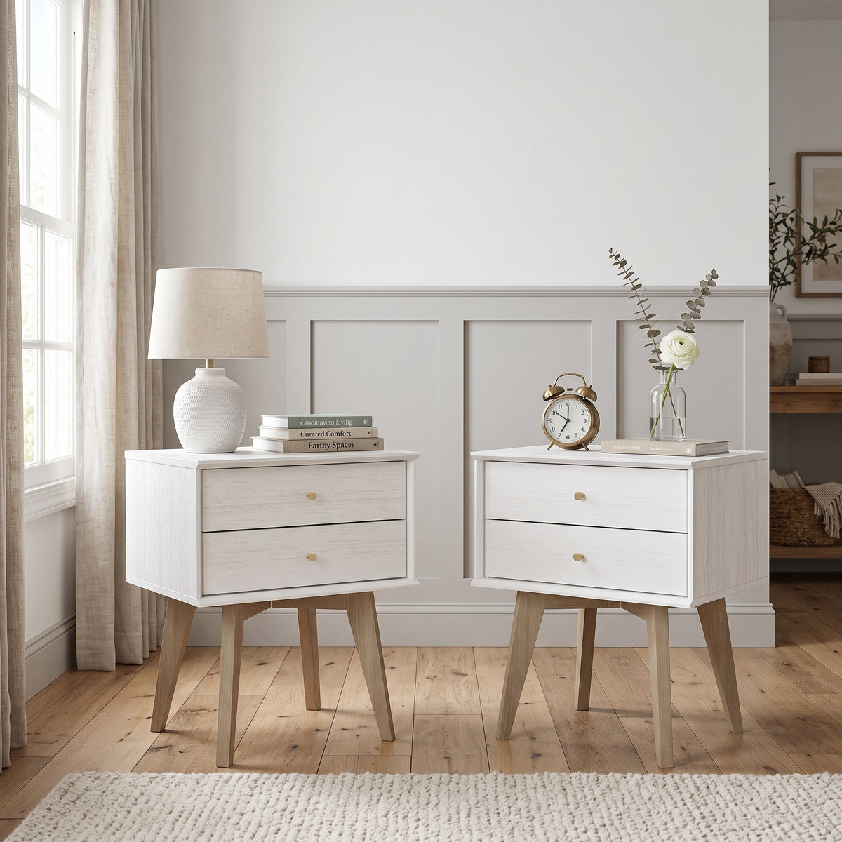 Galano Set of 2 Retro 2-Drawer Nightstands Bedside Tables with Tapered Legs