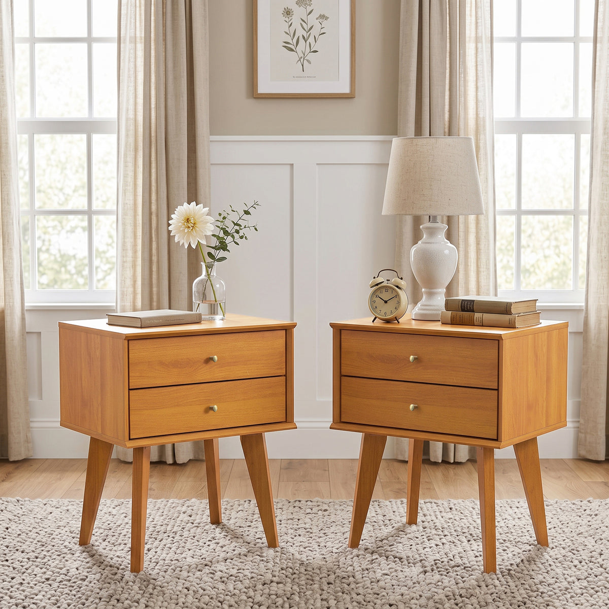 Galano Set of 2 Retro 2-Drawer Nightstands Bedside Tables with Tapered Legs