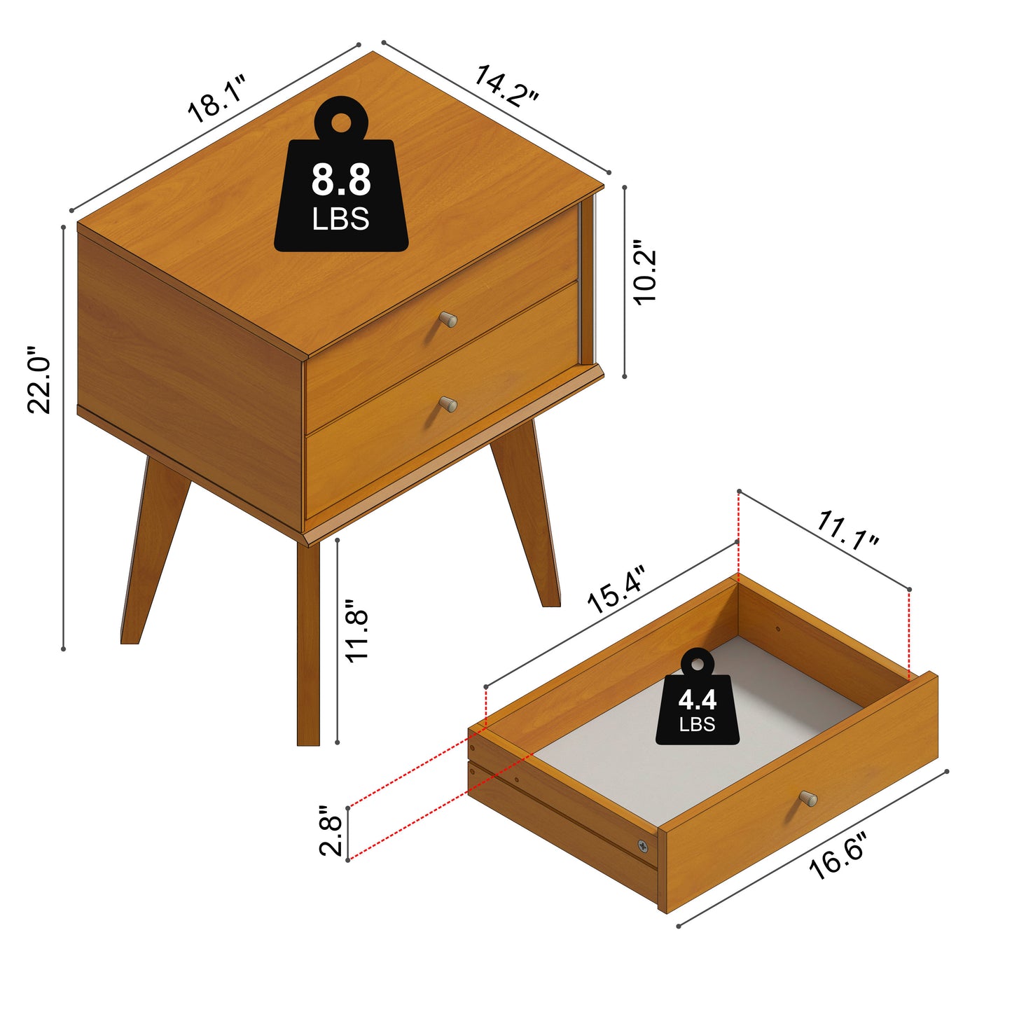 Galano Set of 2 Retro 2-Drawer Nightstands Bedside Tables with Tapered Legs