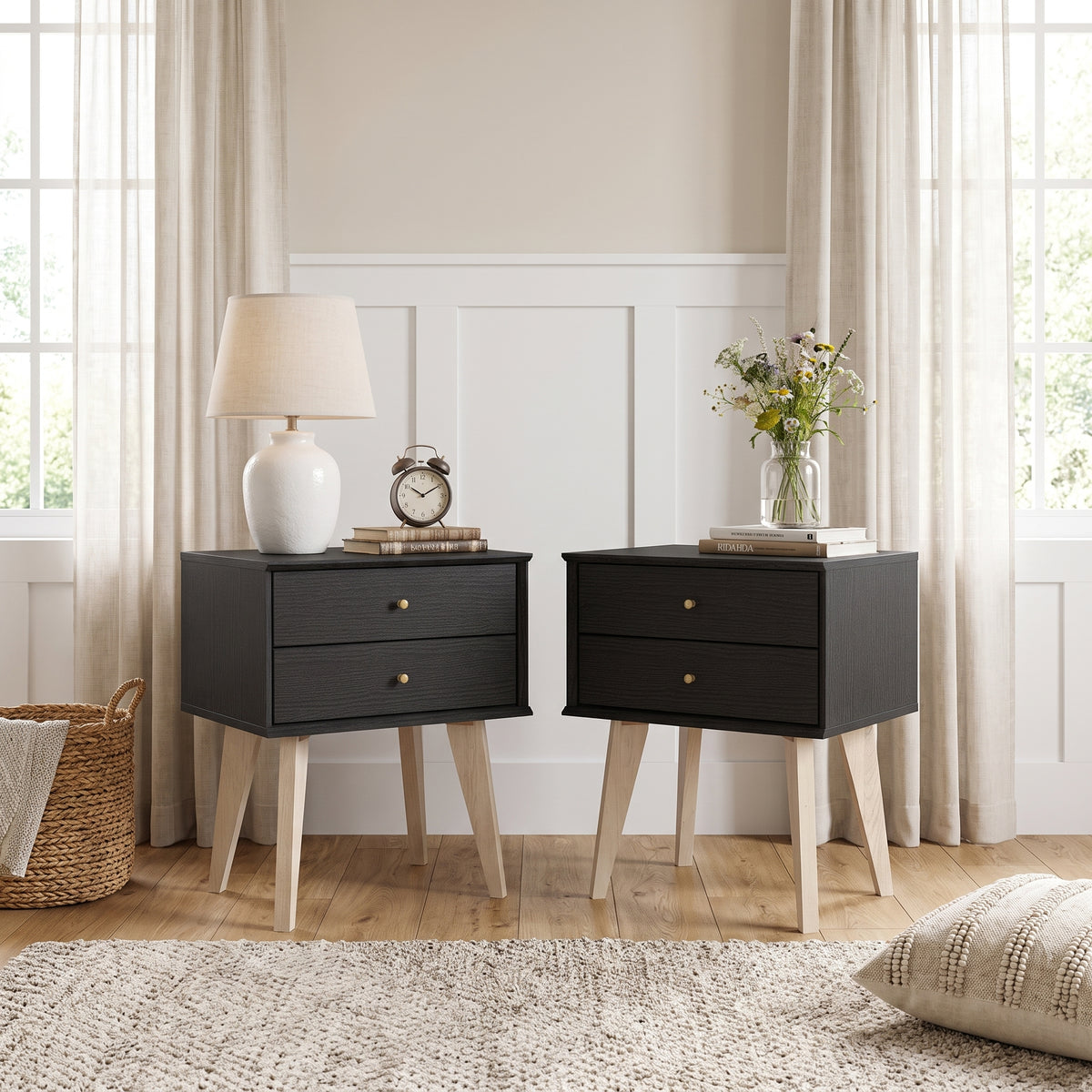 Galano Set of 2 Retro 2-Drawer Nightstands Bedside Tables with Tapered Legs
