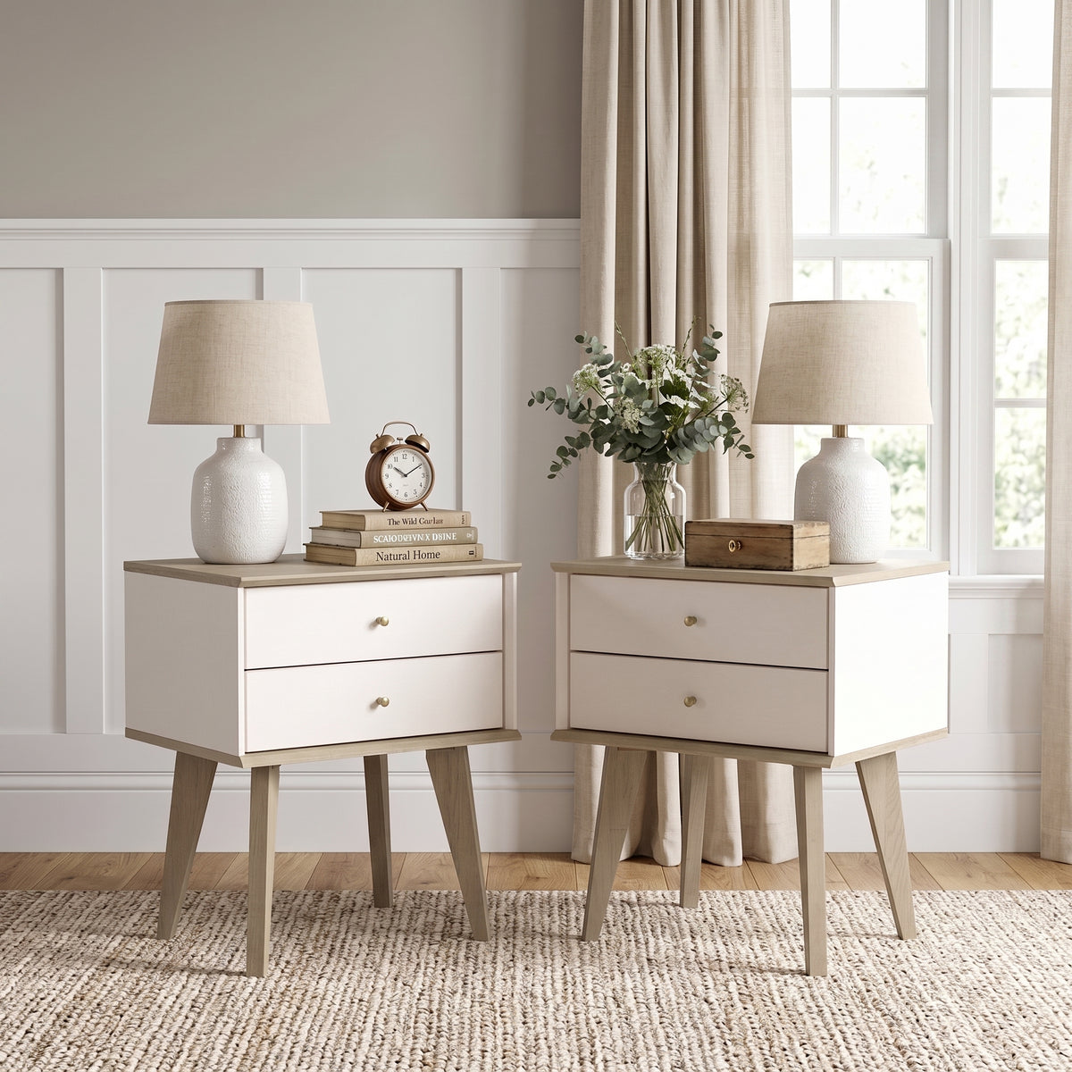 Galano Set of 2 Retro 2-Drawer Nightstands Bedside Tables with Tapered Legs