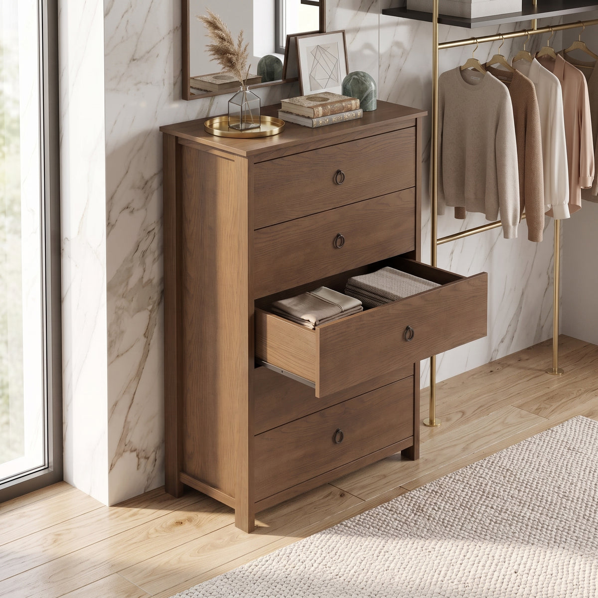 Galano Transitional 31.3" 5-Drawer Chest with Rich Wood Veneer Finish and Metal Ring Pulls