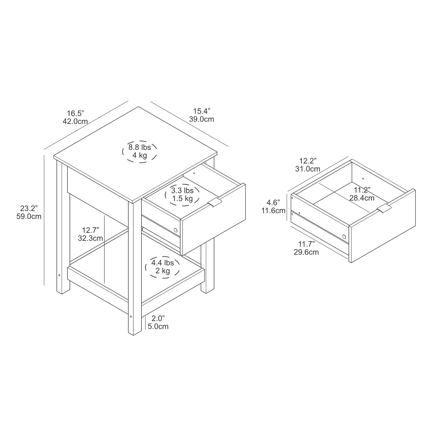 Galano 2-Piece Nightstand Set with Drawer and Open Shelf Storage 16.5" H × 15.4" W × 23.2" D