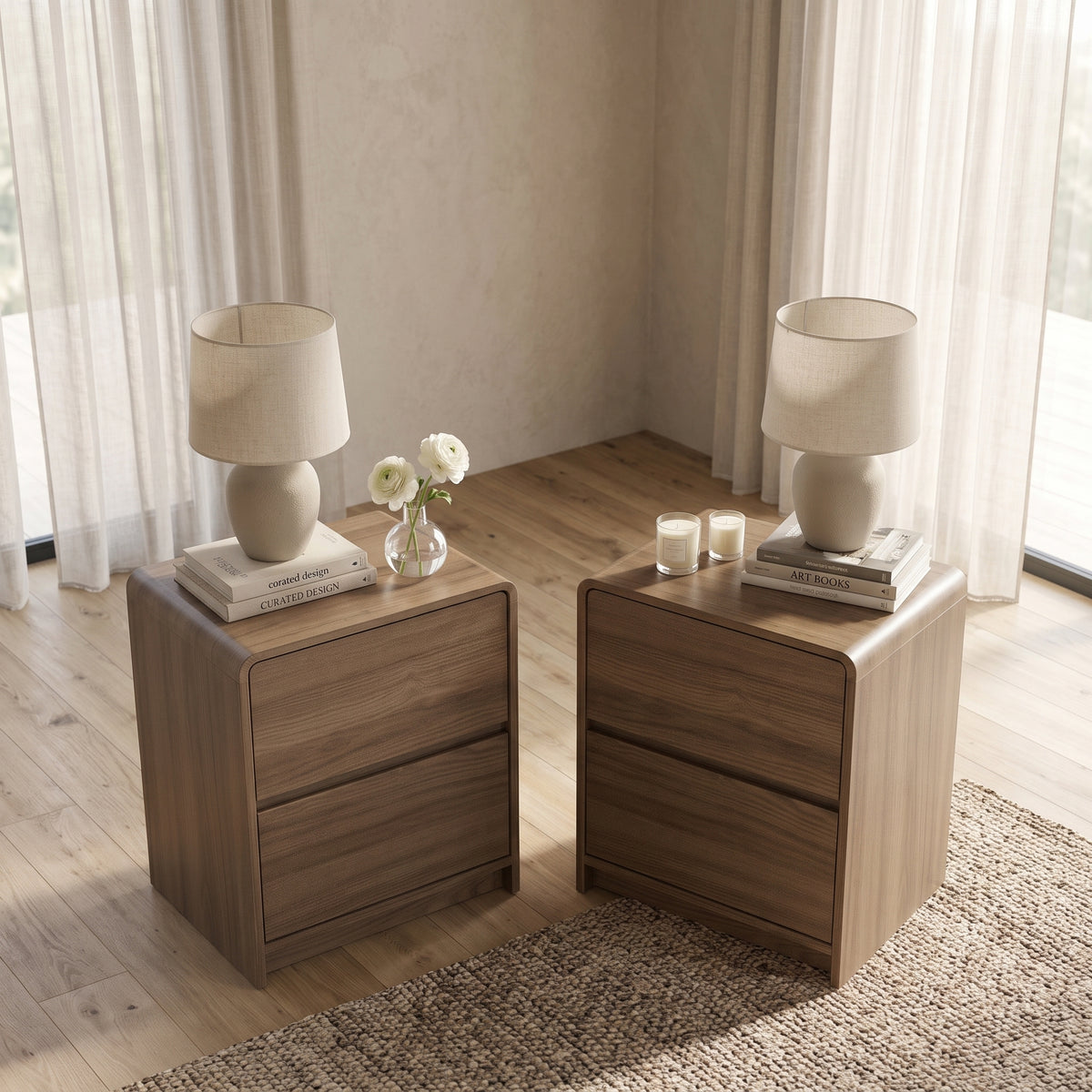 Galano 22" H Set of 2 Modern 2-Drawer Bedside Tables with Rounded Edges - Brown