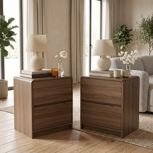 Galano 22" H Set of 2 Modern 2-Drawer Bedside Tables with Rounded Edges - Brown