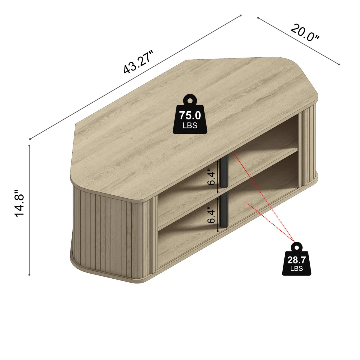 Galano Corner TV Stand with Fluted Doors 43.3" W × 20.0" D × 14.8" H, Oslo Oak