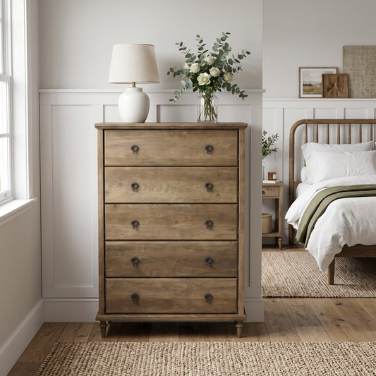 Galano 31.2" Wide 5 Drawer Chest with Interlocking Safety System and Solid Wood Tapered Legs - Brown