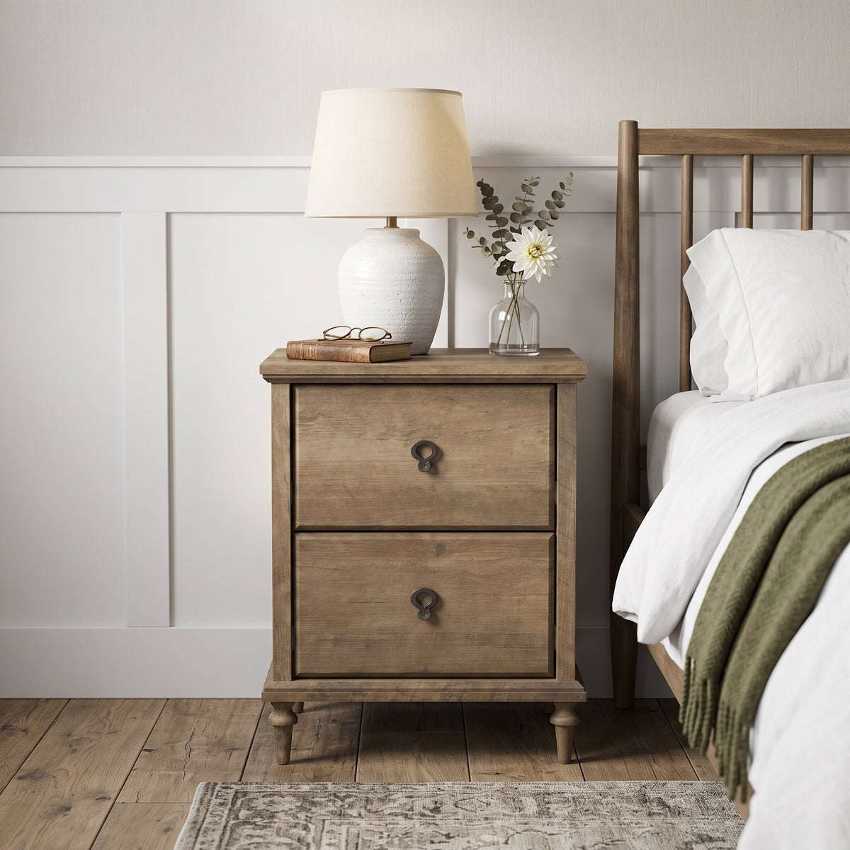 Galano Set of 2 Traditional 2-Drawer Nightstand with Solid Wood Tapered Legs and Metal Ring Pulls