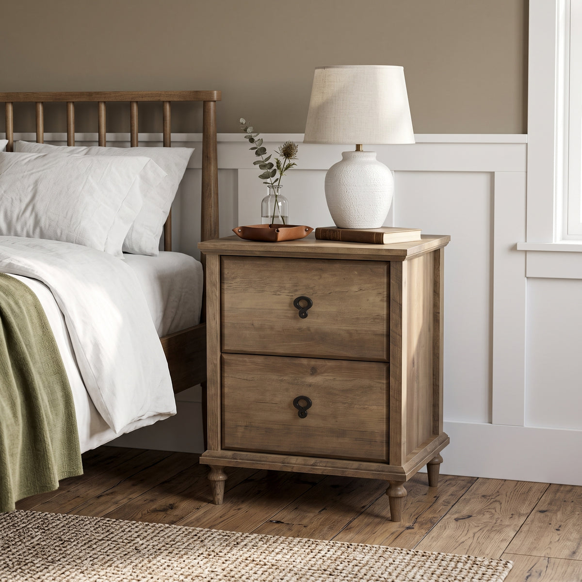 Galano Set of 2 Traditional 2-Drawer Nightstand with Solid Wood Tapered Legs and Metal Ring Pulls