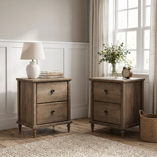 Galano Set of 2 Traditional 2-Drawer Nightstand with Solid Wood Tapered Legs and Metal Ring Pulls