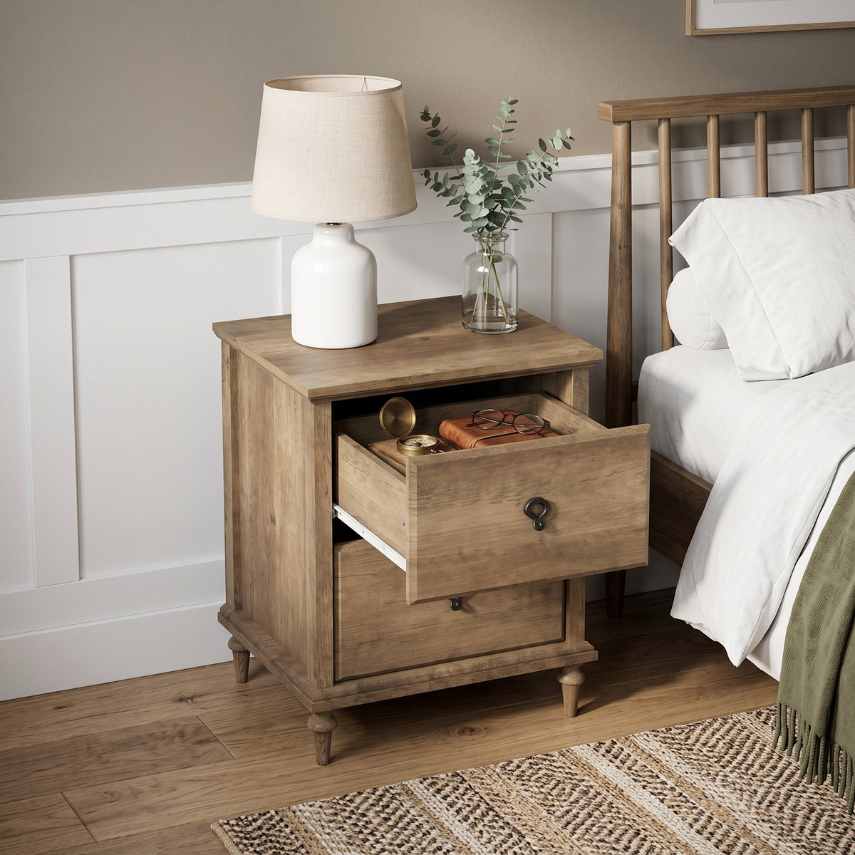 Galano Set of 2 Traditional 2-Drawer Nightstand with Solid Wood Tapered Legs and Metal Ring Pulls