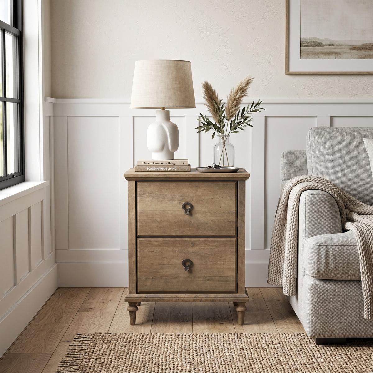 Galano Set of 2 Traditional 2-Drawer Nightstand with Solid Wood Tapered Legs and Metal Ring Pulls