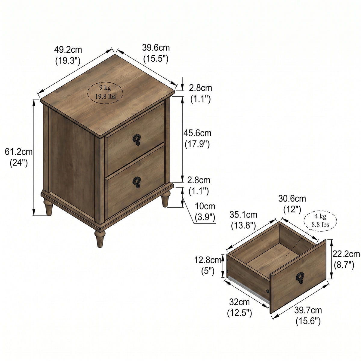 Galano Set of 2 Traditional 2-Drawer Nightstand with Solid Wood Tapered Legs and Metal Ring Pulls