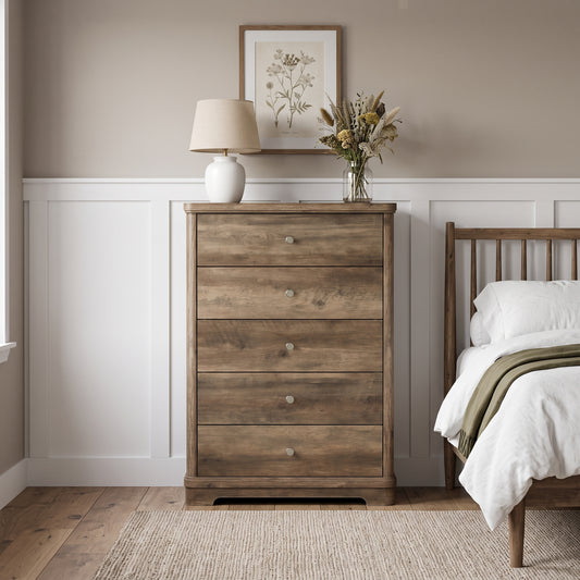 Galano 31.5" Wide 5 Drawer Bedroom Chest with Interlocking Drawers and Sculpted Base - Brown