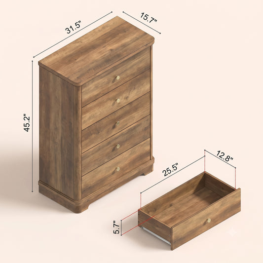 5-Drawer Chest with Interlock System and Sculpted Base, Knotty Oak