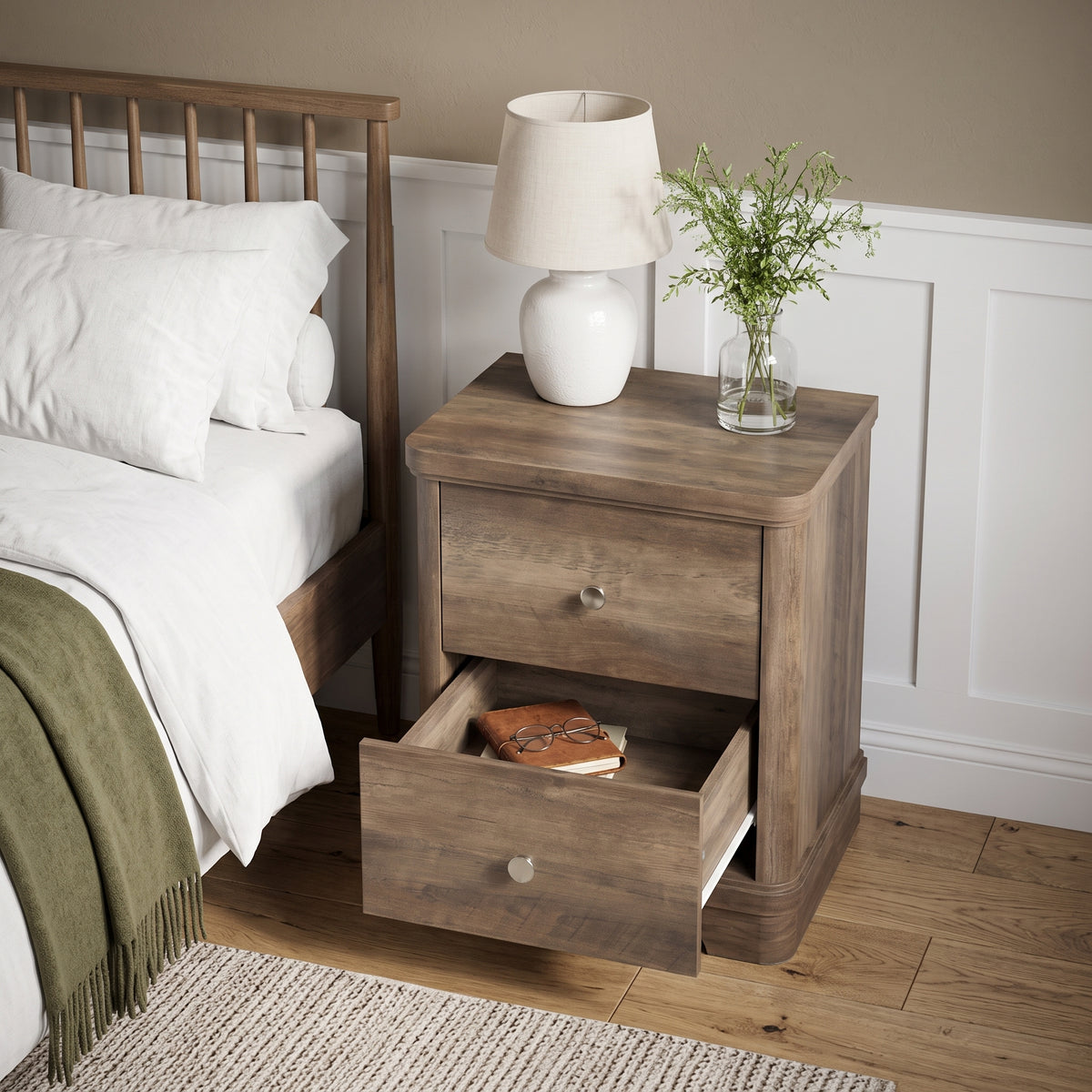 Galano 23.5" H Set of 2 Traditional 2-Drawer Bedside Tables with Sculpted Bases - Brown