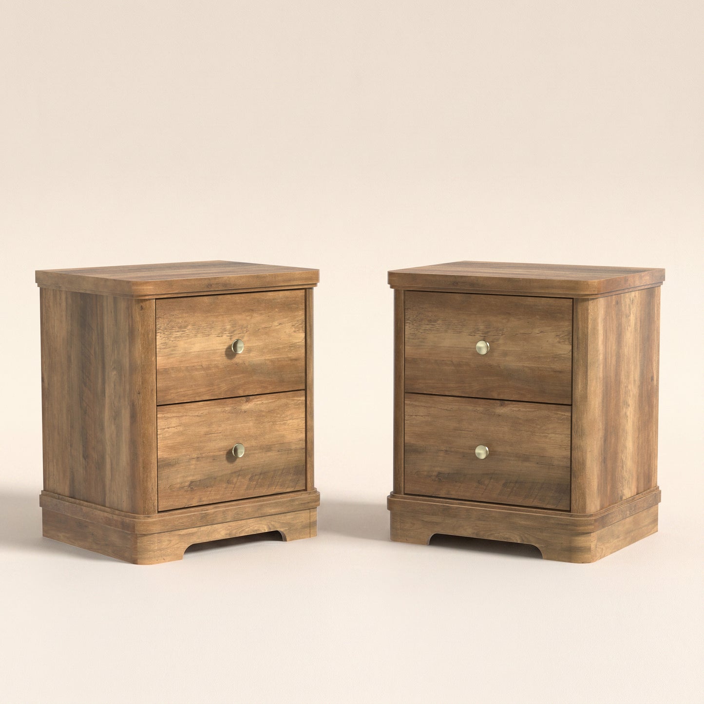 2-Drawer Nightstand Set of 2 with Sculpted Base, Knotty Oak