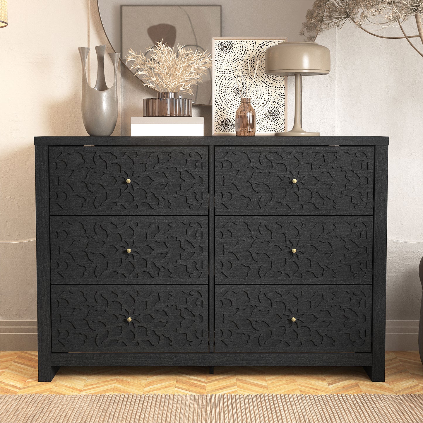 Galano 6-Drawer Dresser with Cutout Floral Fronts 45.4″ W x 15.7" D x 32.0" H