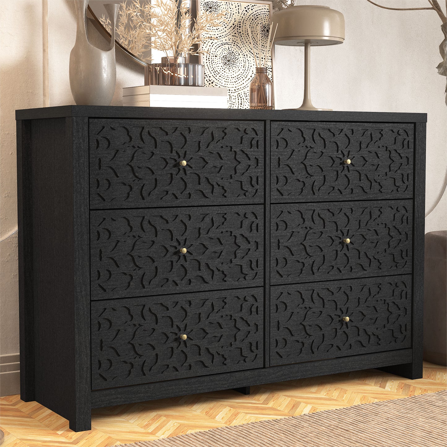 Galano 6-Drawer Dresser with Cutout Floral Fronts 45.4″ W x 15.7" D x 32.0" H