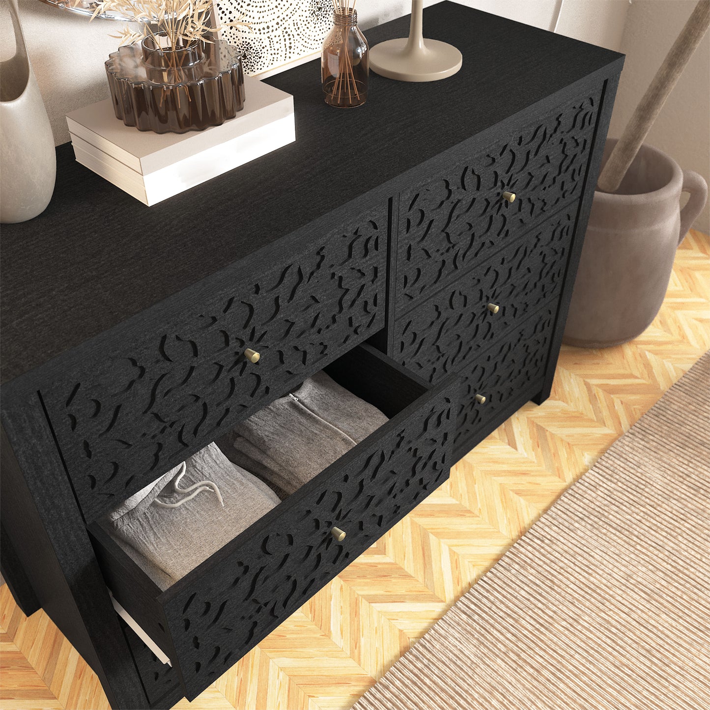 Galano 6-Drawer Dresser with Cutout Floral Fronts 45.4″ W x 15.7" D x 32.0" H