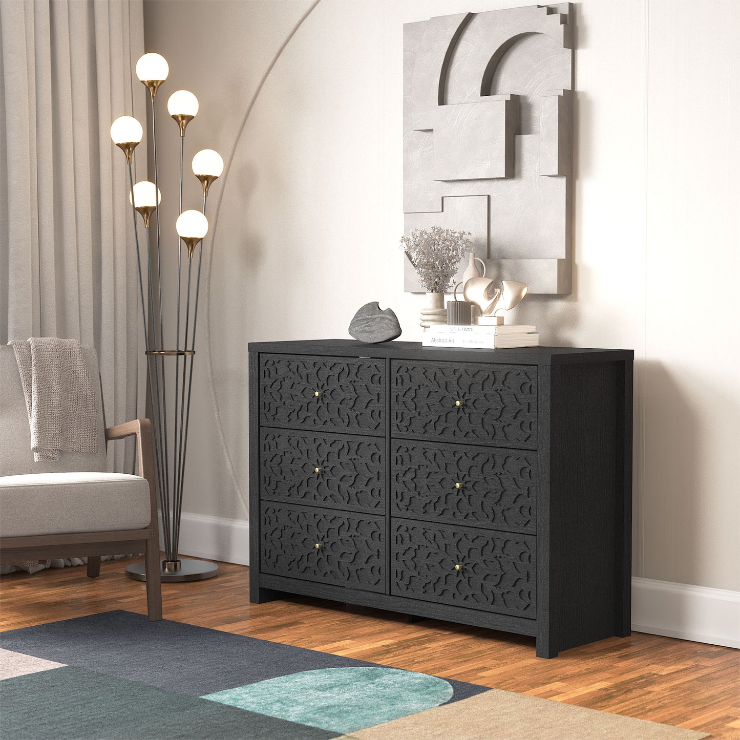 Galano 6-Drawer Dresser with Cutout Floral Fronts 45.4″ W x 15.7" D x 32.0" H