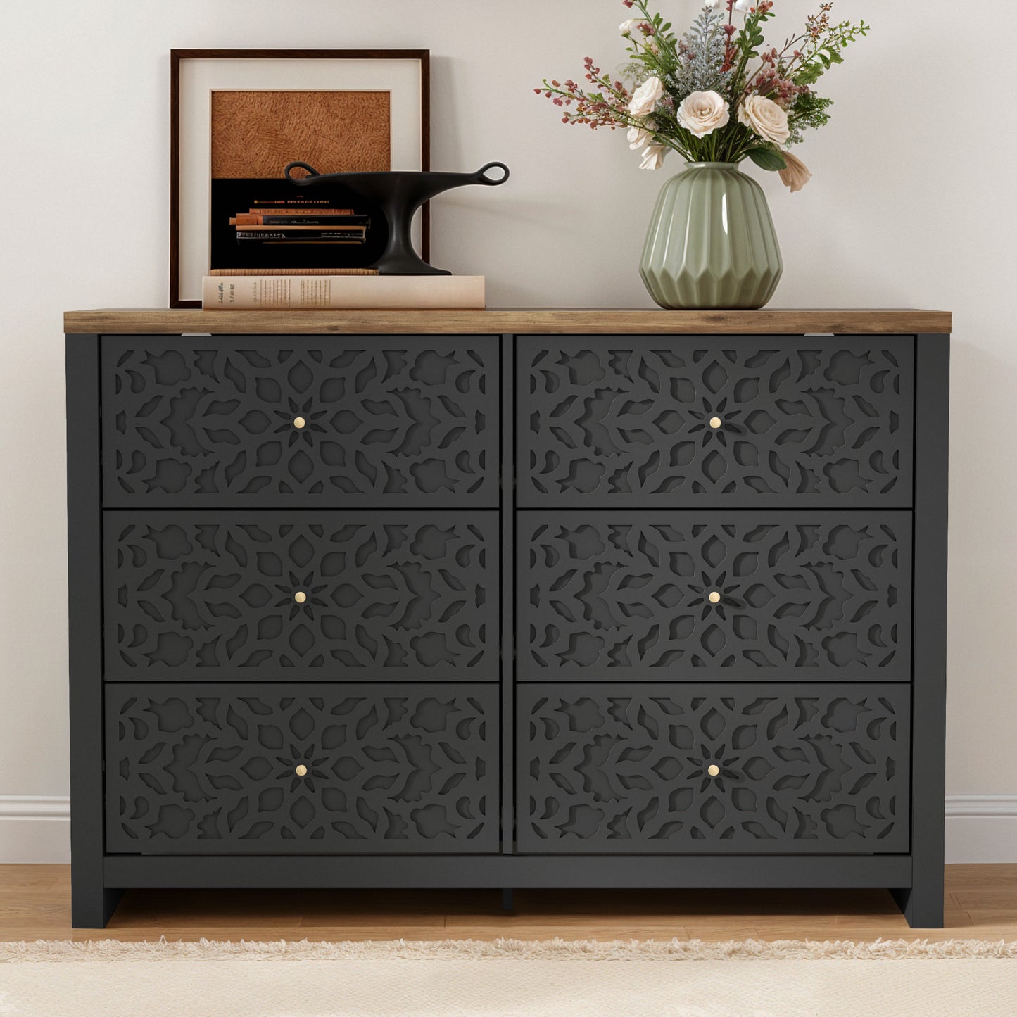 Galano 6-Drawer Dresser with Cutout Floral Fronts 45.4″ W x 15.7" D x 32.0" H