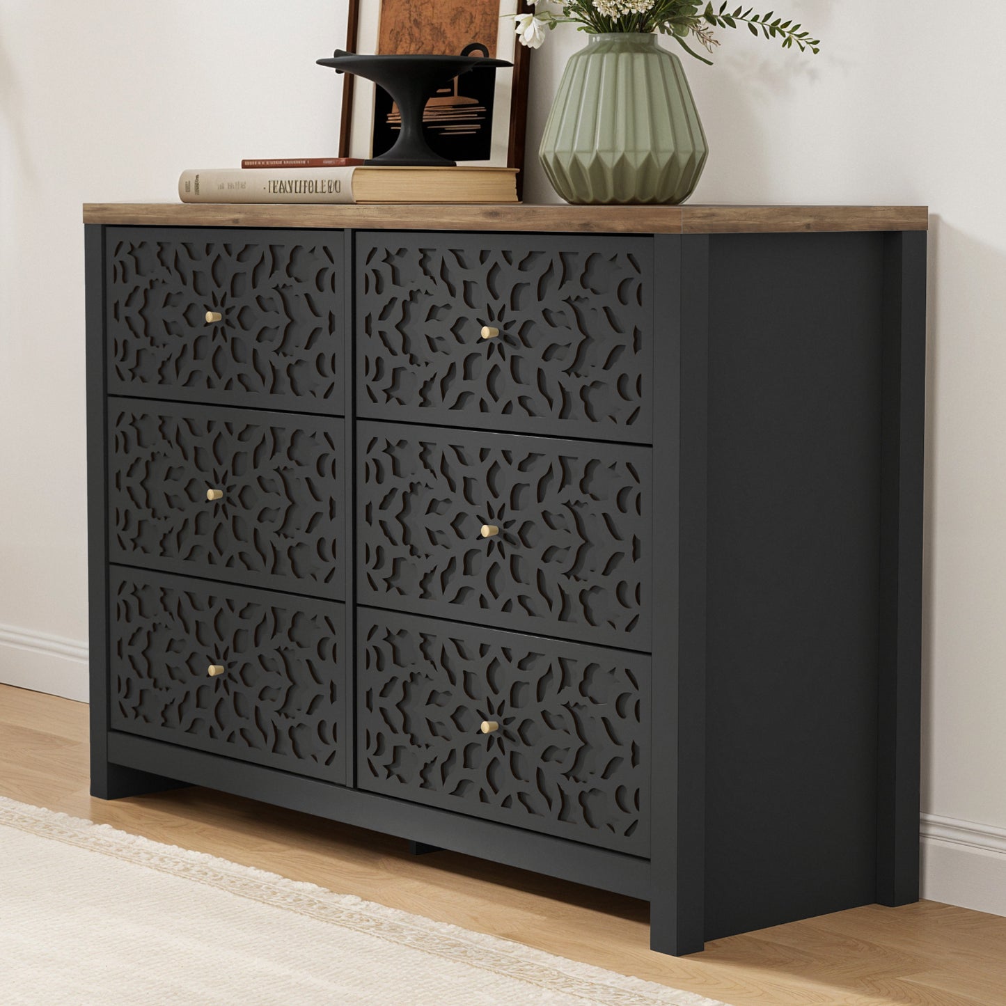 Galano 6-Drawer Dresser with Cutout Floral Fronts 45.4″ W x 15.7" D x 32.0" H