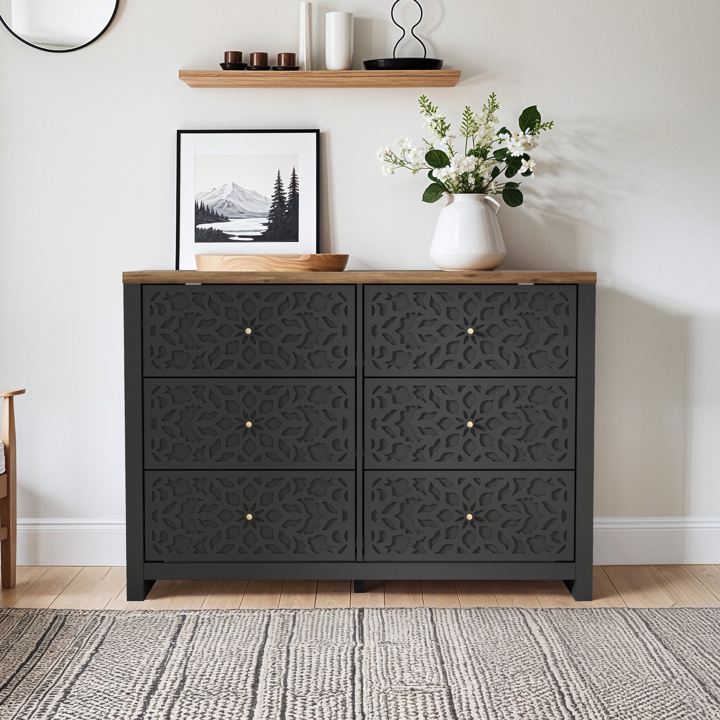 Galano 6-Drawer Dresser with Cutout Floral Fronts 45.4″ W x 15.7" D x 32.0" H
