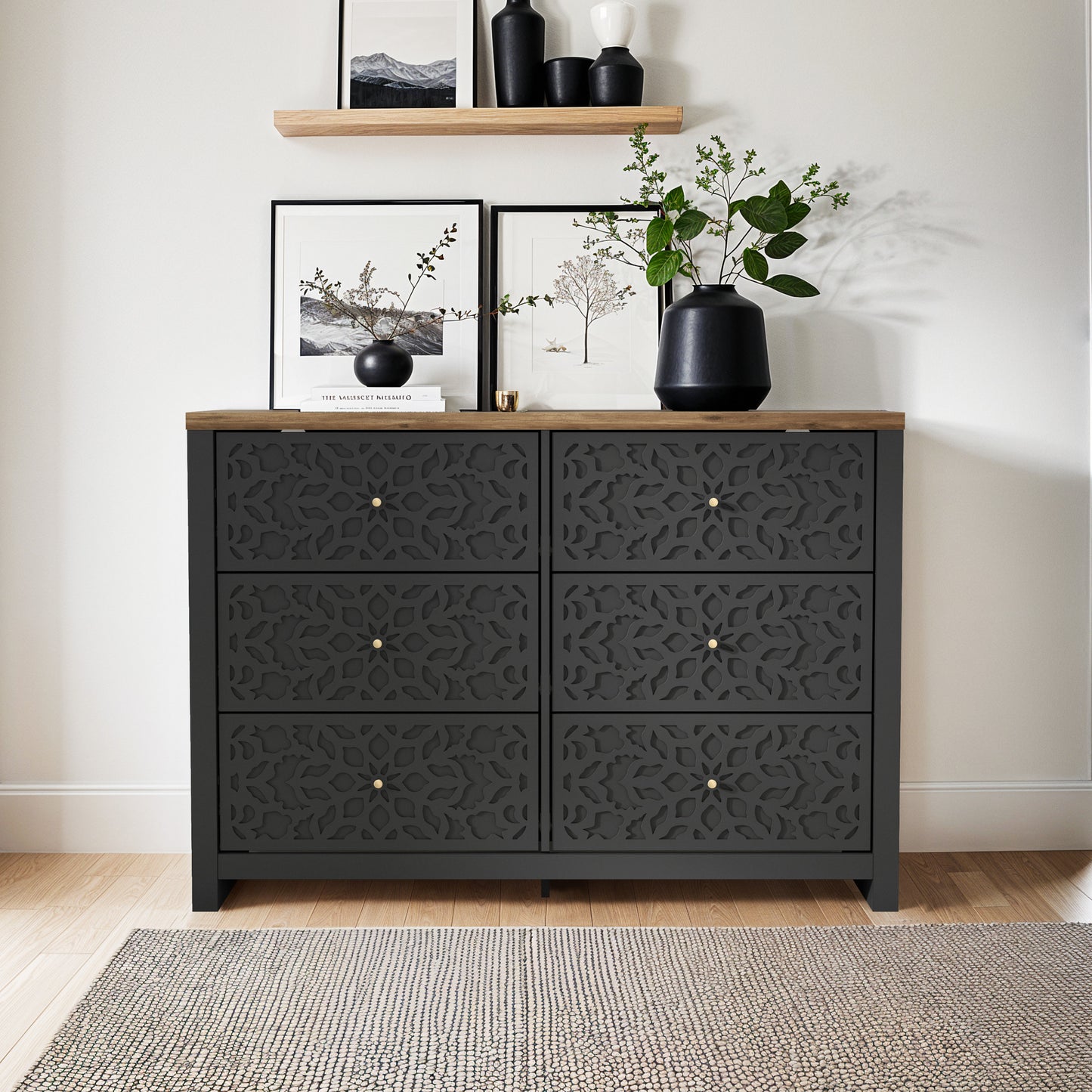 Galano 6-Drawer Dresser with Cutout Floral Fronts 45.4″ W x 15.7" D x 32.0" H