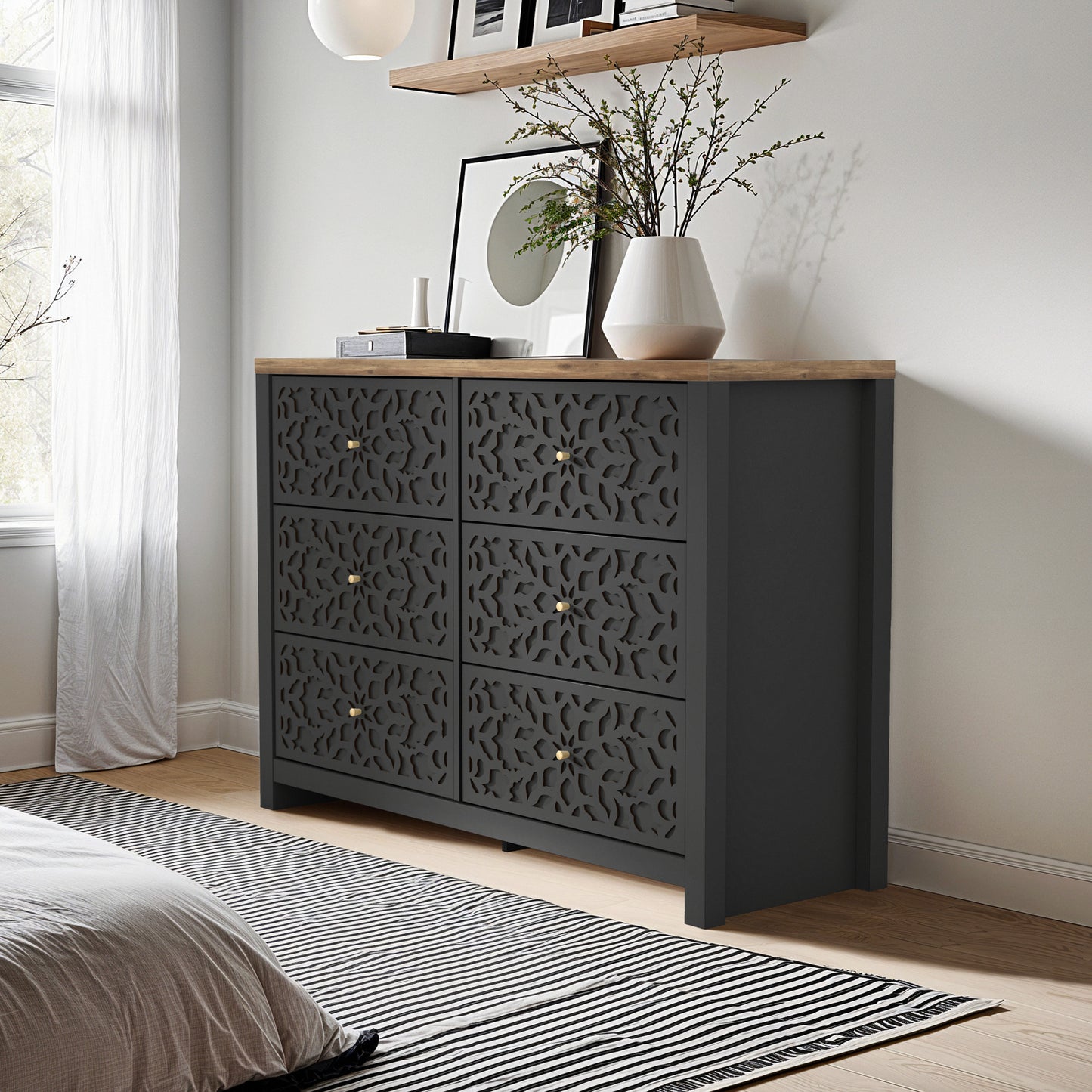 Galano 6-Drawer Dresser with Cutout Floral Fronts 45.4″ W x 15.7" D x 32.0" H