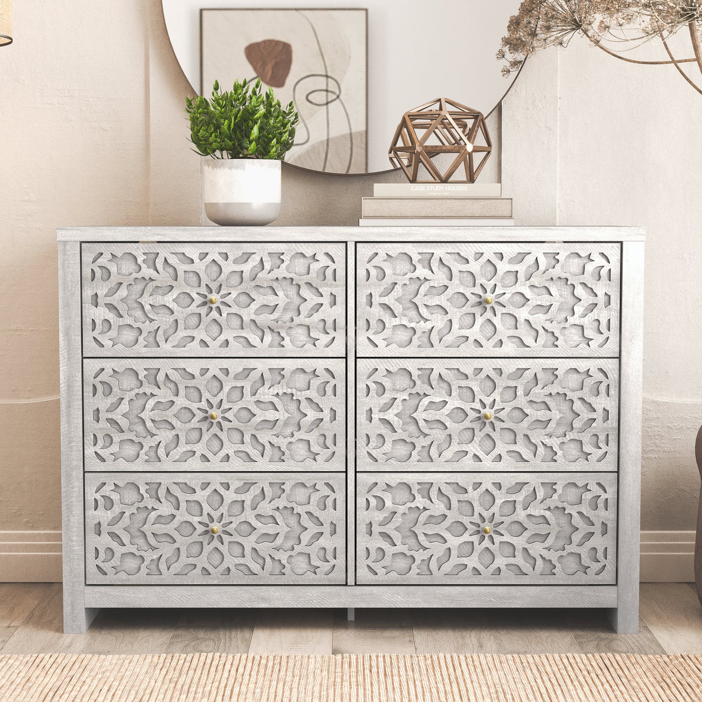 Galano 6-Drawer Dresser with Cutout Floral Fronts 45.4″ W x 15.7" D x 32.0" H