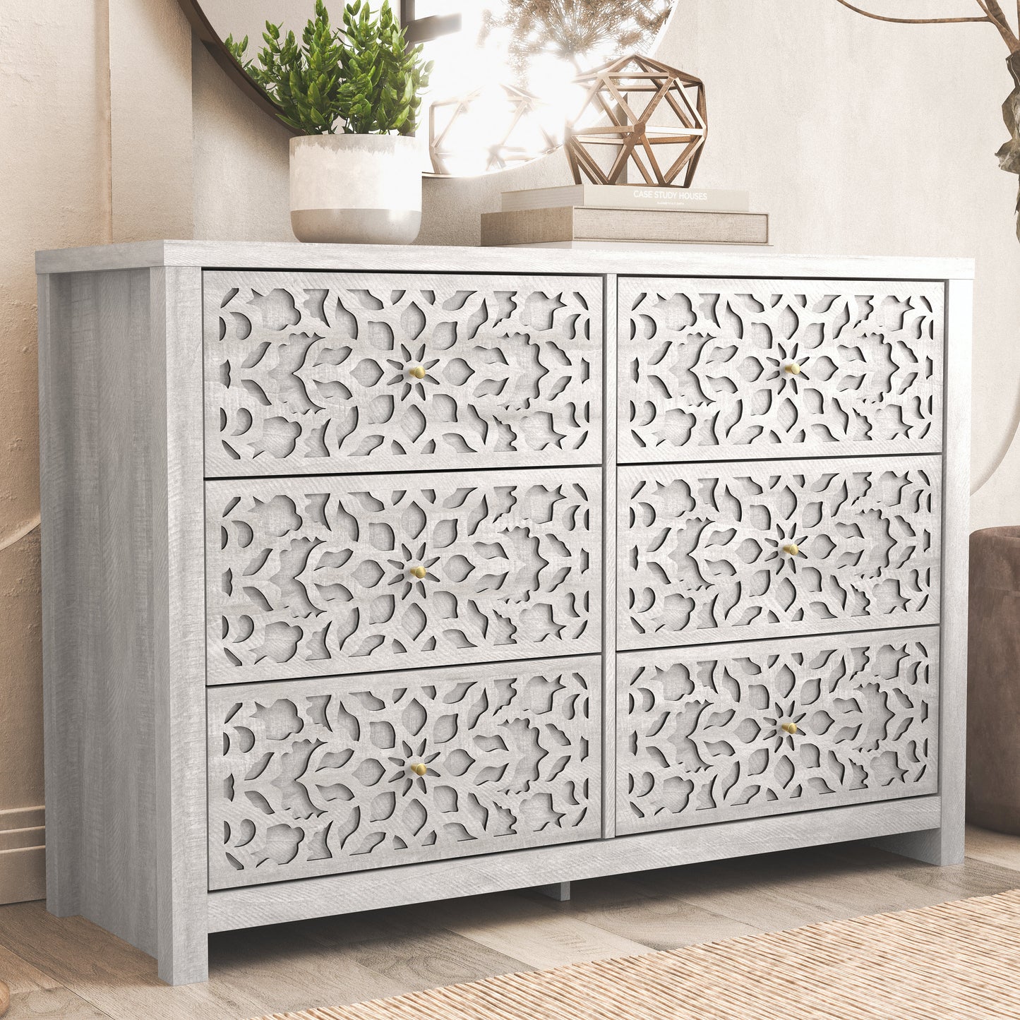 Galano 6-Drawer Dresser with Cutout Floral Fronts 45.4″ W x 15.7" D x 32.0" H